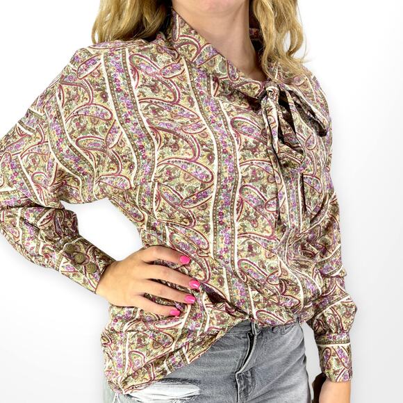Brownstone Studio Tops - 90s BROWNSTONE STUDIO Vintage Green Purple Paisley Bow Neck Blouse